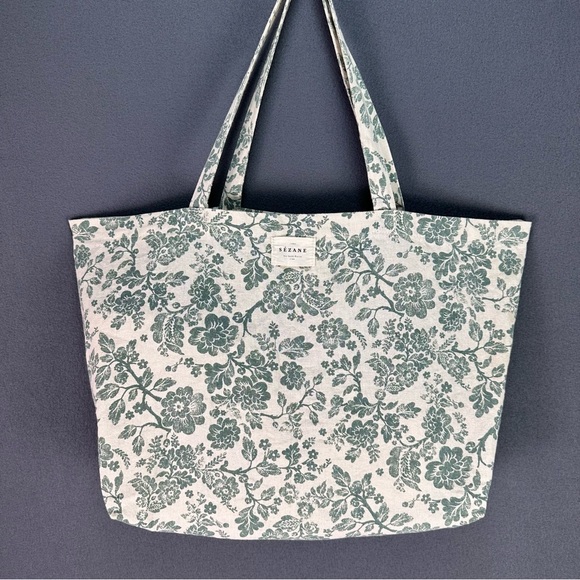 SEZANE Parisian Chic Green Cream Floral Tote Bag Cottagecore Cotton Shopping Bag - Picture 7 of 11